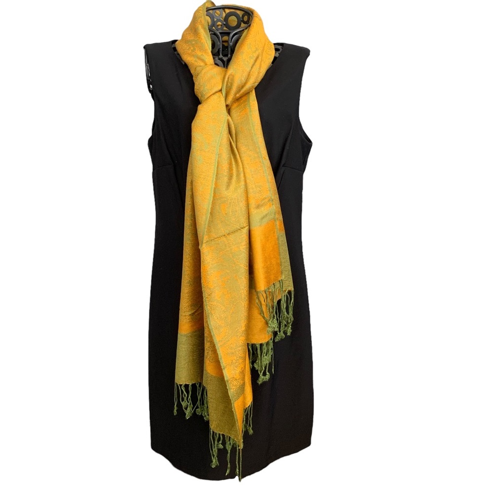 Jacquard Pashmina Scarf Wrap Shawl in Paisley Golden Orange and Green